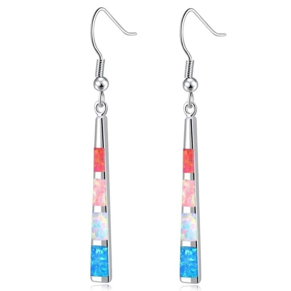 14K White Gold with Genuine Multicolored Fire Opal Dangling Hook Bar Earrings